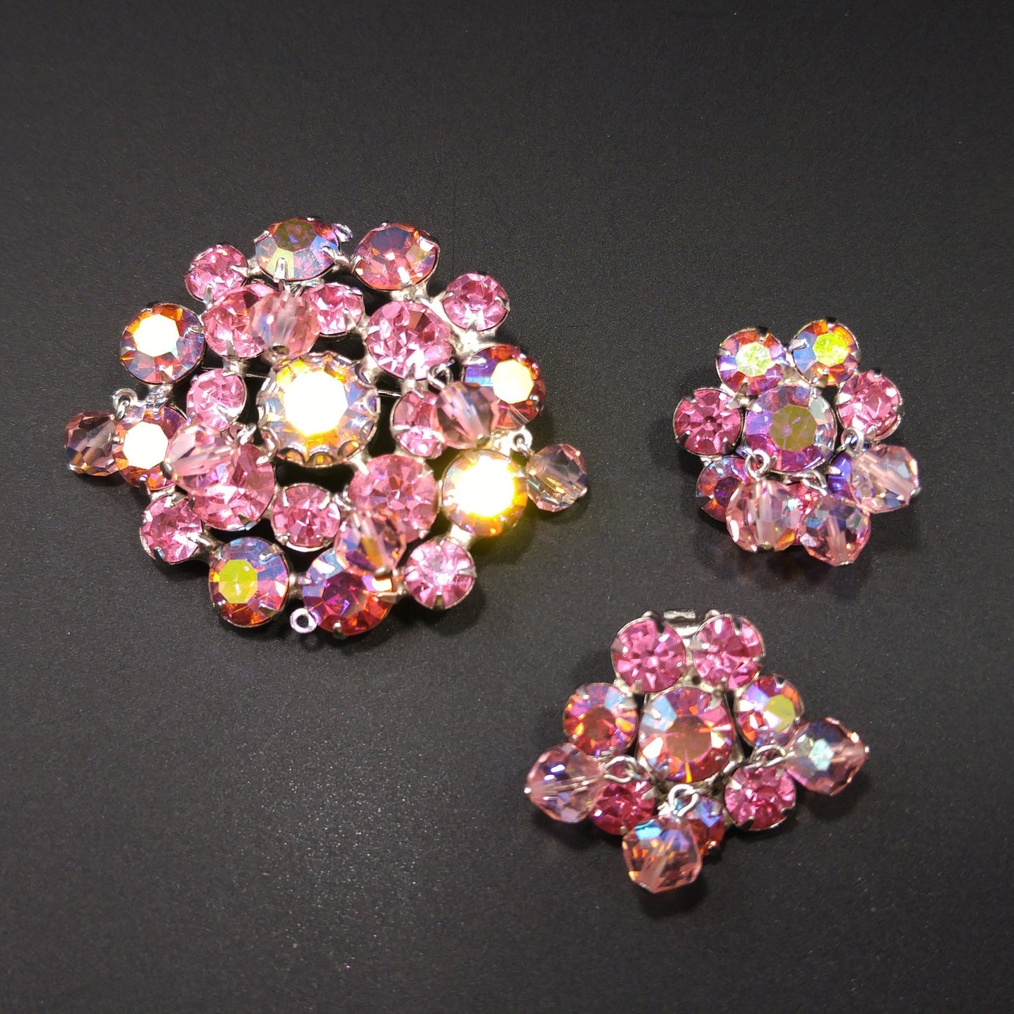 Weiss 1960s Pink Aurora Borealis Brooch & Clip Earrings Set | Dangling Crystal Beads | Vintage Mid-Century Jewelry