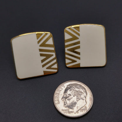 Vintage Laurel Burch "Naito" Geometric Post Earrings, Cream Enamel, Gold Plate