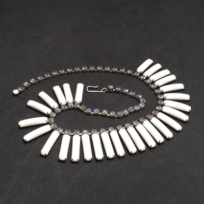 White Lucite Blue Aurora Borealis Rhinestones Necklace, Egyptian Revival Mid-Century, 1960s Vintage Jewelry