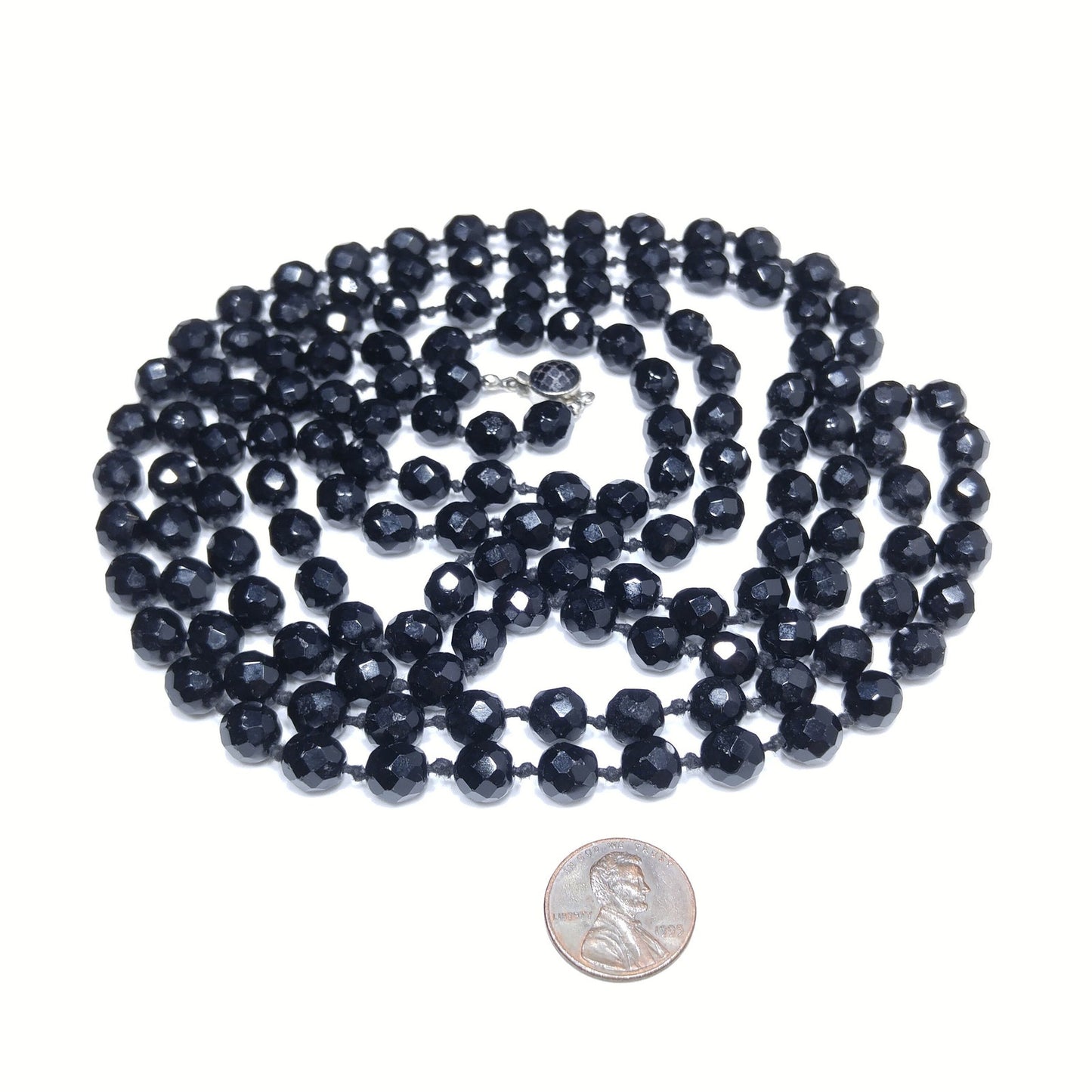Black Crystal Beaded Necklace, Made in Austria, Hand Knotted, 1920s Vintage