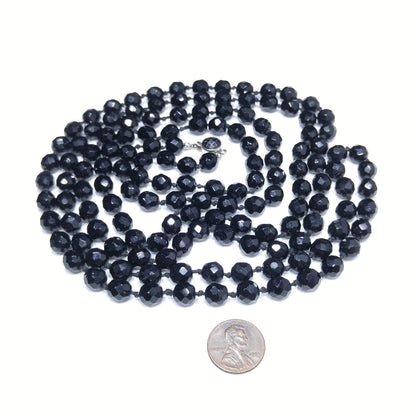 Black Crystal Beaded Necklace, Made in Austria, Hand Knotted, 1920s Vintage