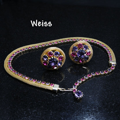 Vintage Weiss Mesh Necklace & Earrings Set, Purple Pink Rhinestones, 1950s