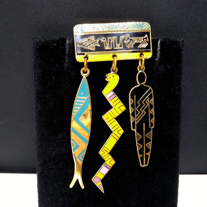 Laurel Burch "Artifacts" Brooch, Fish Snake Man, Gold Plated, 1980s Vintage Jewelry