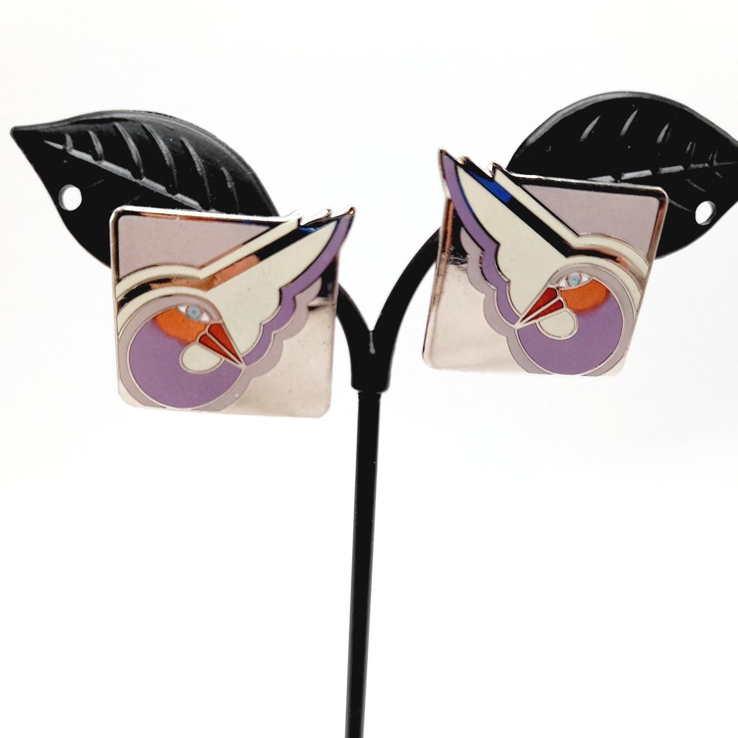 Vintage Laurel Burch "Shabird" Lavender Bird Post Earrings - Rhodium Plated - 1 Inch