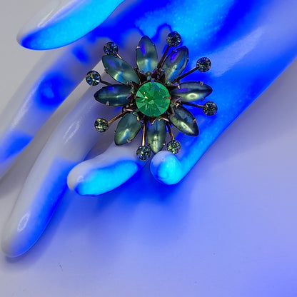 Vintage 1950s Uranium Glass Green Rhinestone Brooch Gold Filigree 1.75”