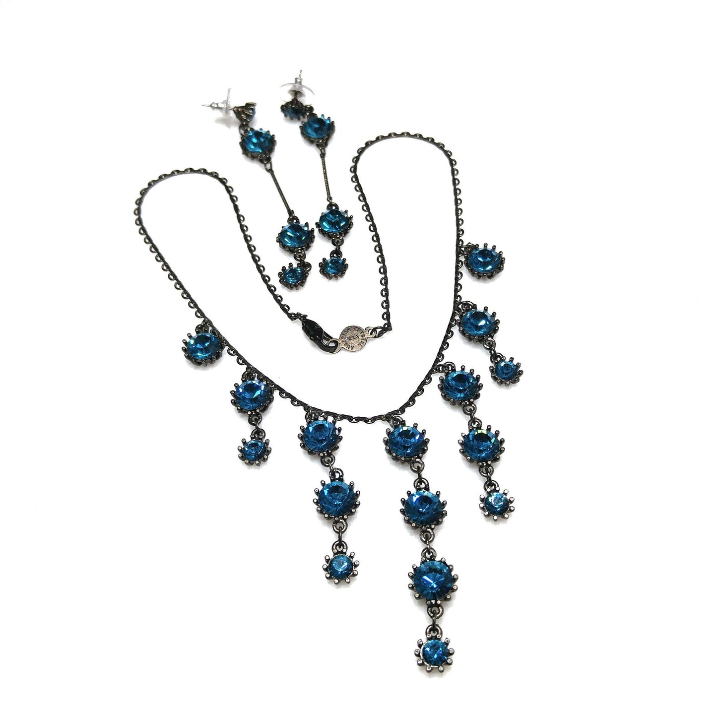 Austrian Crystal Turquoise Necklace Earrings Set, Long Post Earrings, Vintage Jewelry