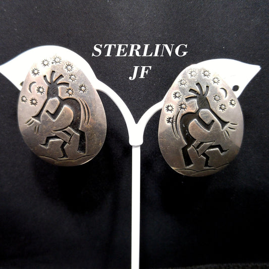 Navajo Clip Earrings, Sterling Silver Kokopelli, Della & Francis James, 1960s