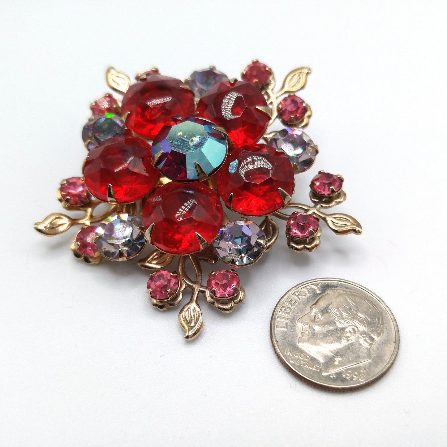 Aurora Borealis Red Pink Lavender Floral Brooch, Riveted Construction, Gold Tone, 1950s Vintage Jewelry