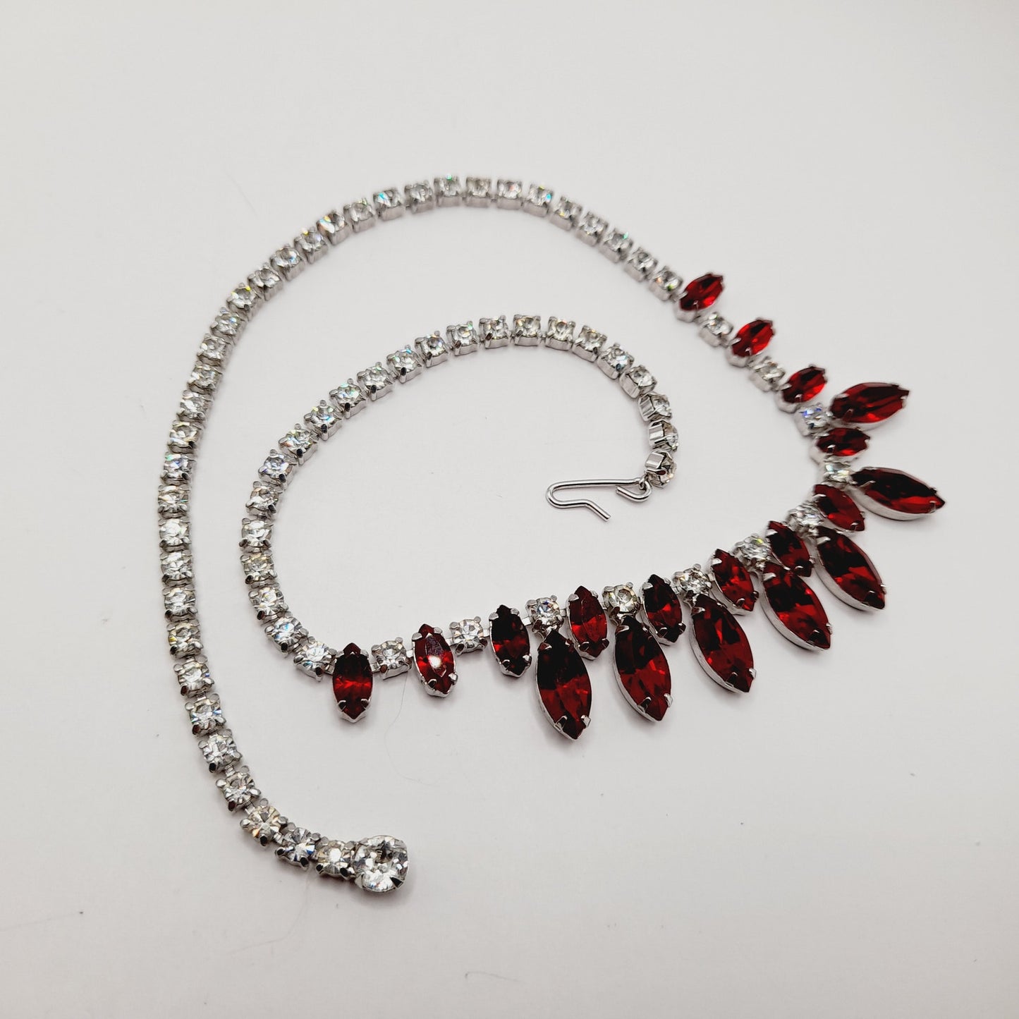 B. David Vintage Red Rhinestone Choker Necklace, Rhodium Plated, 1950s