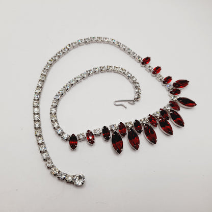 B. David Vintage Red Rhinestone Choker Necklace, Rhodium Plated, 1950s