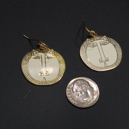 Laurel Burch "Moon Tiger" White Drop Earrings, Gold Plated Cloisonné, White Enamel, 1980s Vintage Jewelry