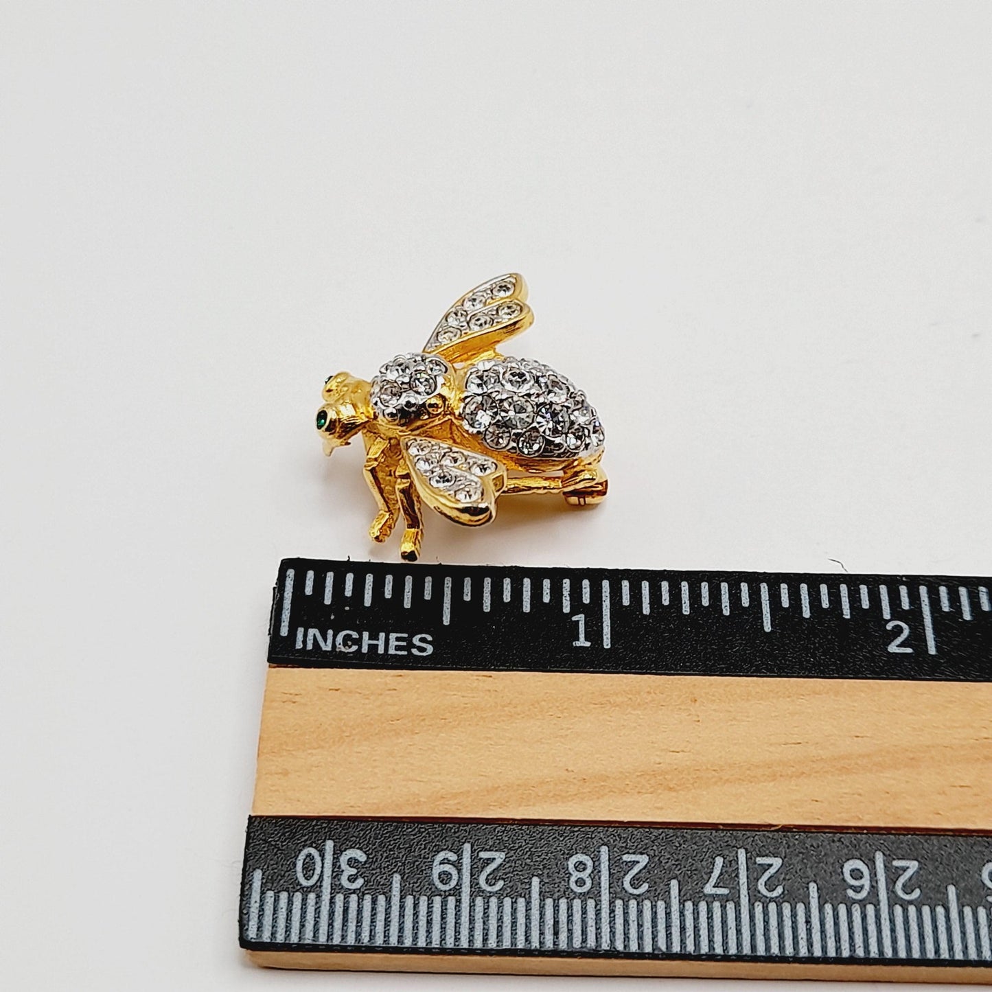 Vintage 1990s Joan Rivers Bee Brooch – Clear Pave Rhinestones, Green Eyes – 1 1/4 Inch Collectible Pin