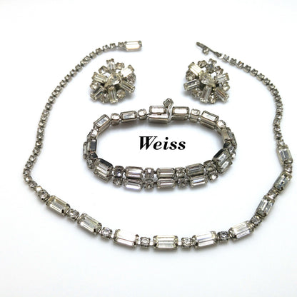 Vintage Weiss Earrings Bracelet & Necklace, Clear Rhinestones, Rhodium Plated