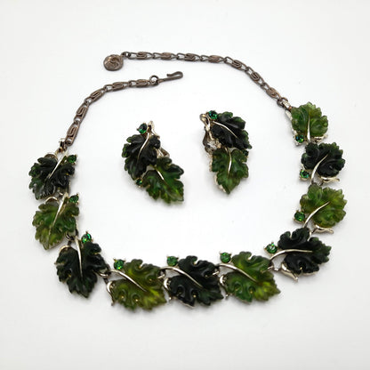 Vintage Lisner Rhinestone Lucite Necklace Earrings Set, Green Molded Leaves Jewelry, 1960s
