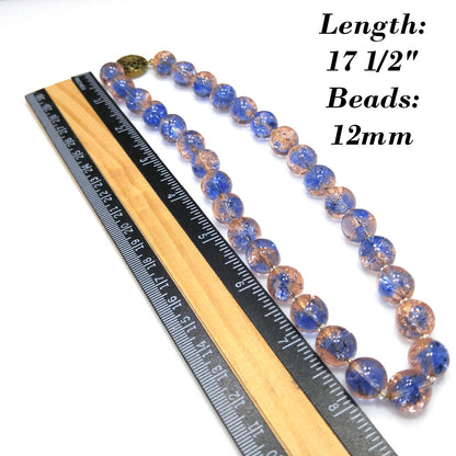 Blue Pink Crackle Glass Beaded Necklace, Filigree Brass Clasp, 1950s Vintage Jewelry
