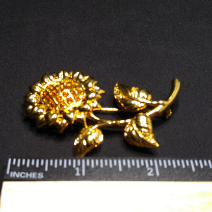 Savvy by Swarovski Sunflower Brooch, Gold Plated Crystal Flower Pin, 1990s Vintage Jewelry