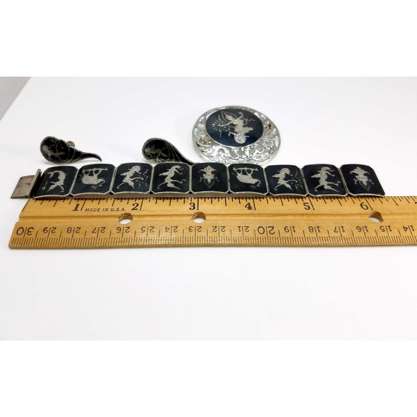 Vintage Siam Sterling Niello Silver Bracelet Brooch Earrings Set Mekkala Goddess