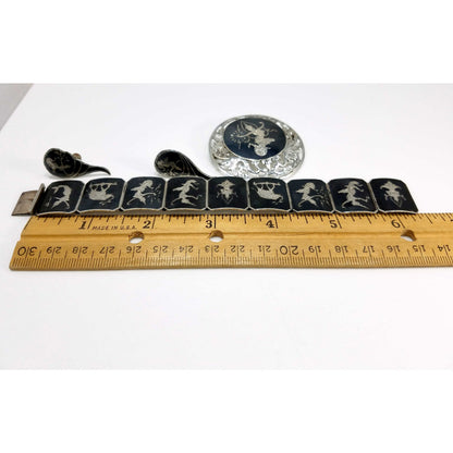 Vintage Siam Sterling Niello Silver Bracelet Brooch Earrings Set Mekkala Goddess