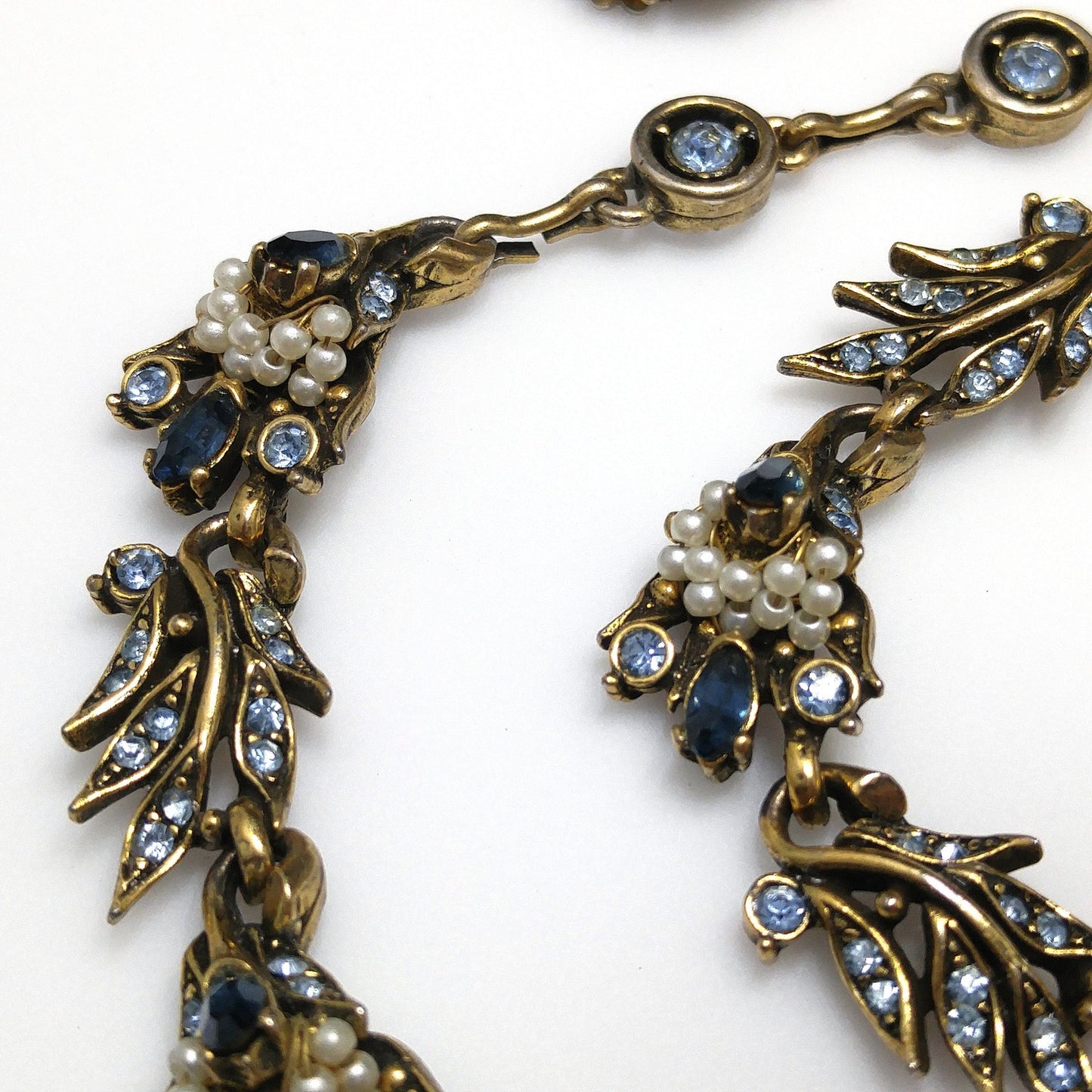 Vintage Hollycraft 1956 Blue Rhinestone Pearl Necklace Earrings Set Gold Tone