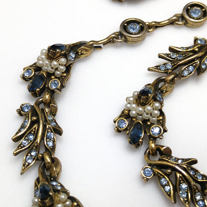 Vintage Hollycraft 1956 Blue Rhinestone Pearl Necklace Earrings Set Gold Tone
