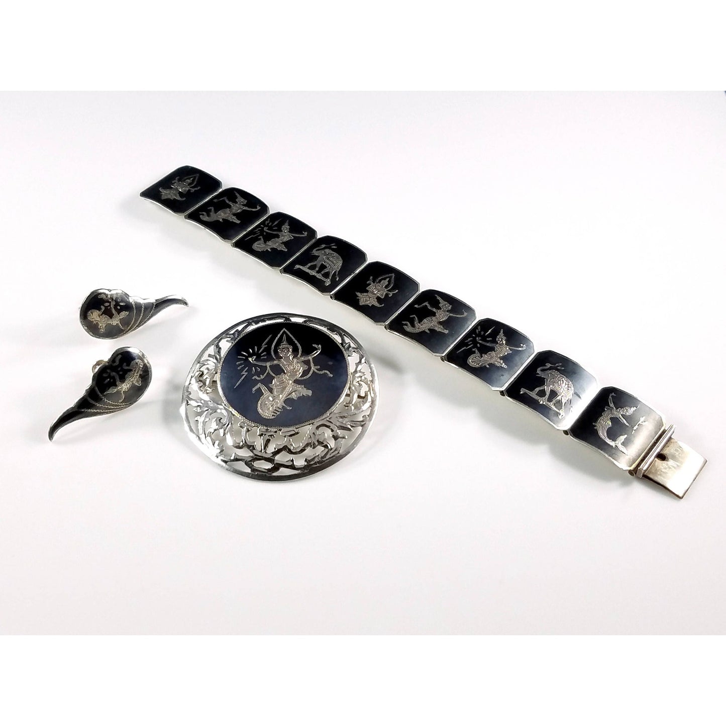 Vintage Siam Sterling Niello Silver Bracelet Brooch Earrings Set Mekkala Goddess