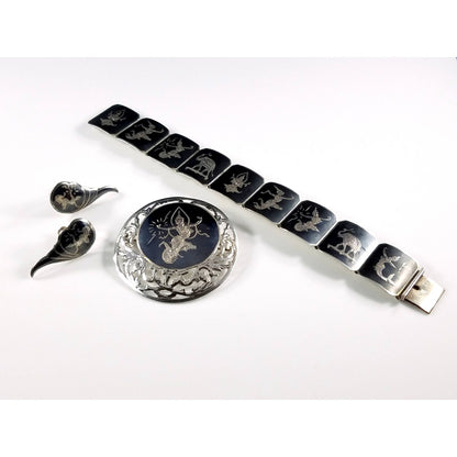 Vintage Siam Sterling Niello Silver Bracelet Brooch Earrings Set Mekkala Goddess