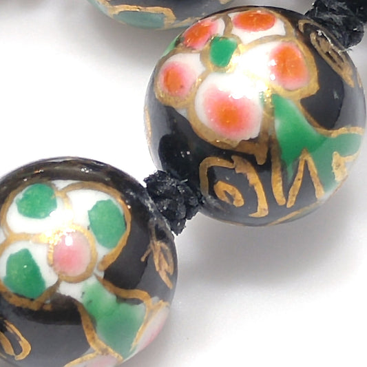 Vintage Black Cloisonné Floral Beaded Necklace, Pink Green Flowers, 1960s Vintage Jewelry