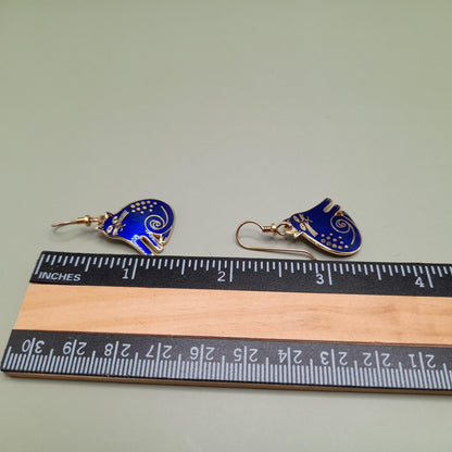 Vintage Laurel Burch "Keshire Cat" Drop Earrings, Blue Enamel, Gold Plate, 1980s Jewelry