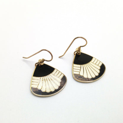 Vintage Laurel Burch "Waterfall" Drop Earrings, Black White Enamel, Gold Plated