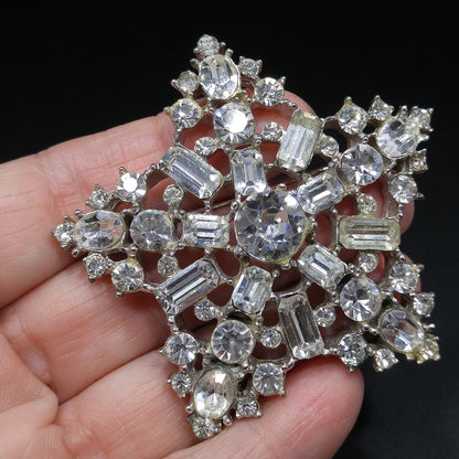 Vintage Clear Rhinestone Five Star Brooch, Heavily Rhodium Plated, 1950s Vintage Jewelry