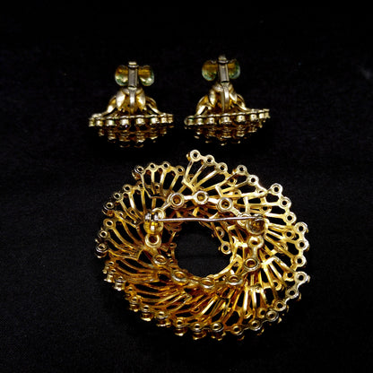 Vintage Hattie Carnegie Rhinestone Brooch & Earrings, Gold Plated, 1950s
