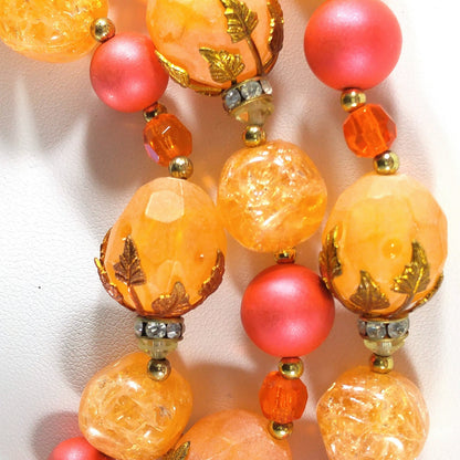 Deauville Lucite Beaded Necklace, 1950s Orange Red 3 Strand Vintage