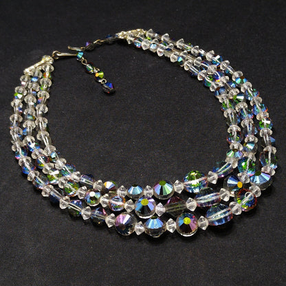 Vitrail Aurora Borealis Crystal Bead Necklace, Three Strands, 1960s Vintage Jewelry