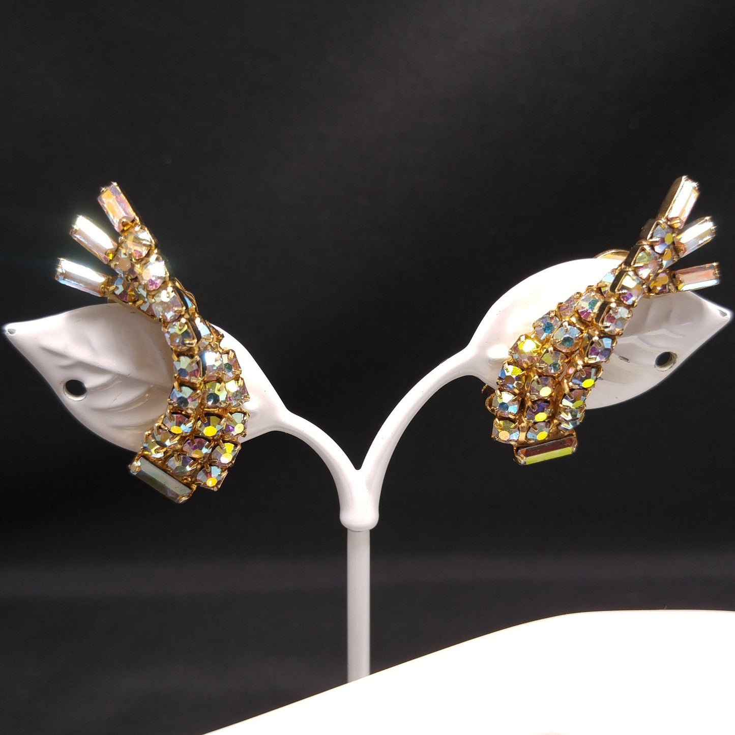 Mid-century Modern AB Rhinestone Brooch Earrings, Gold Plated, 1960s Vintage Jewelry