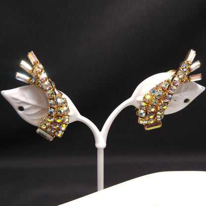 Mid-century Modern AB Rhinestone Brooch Earrings, Gold Plated, 1960s Vintage Jewelry