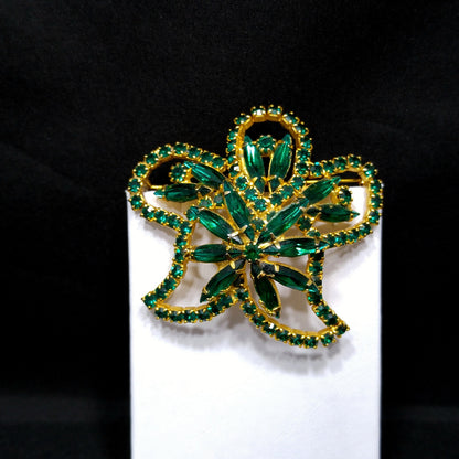 Green Rhinestone Floral Brooch, Gold Plated, 1960s Vintage Jewelry
