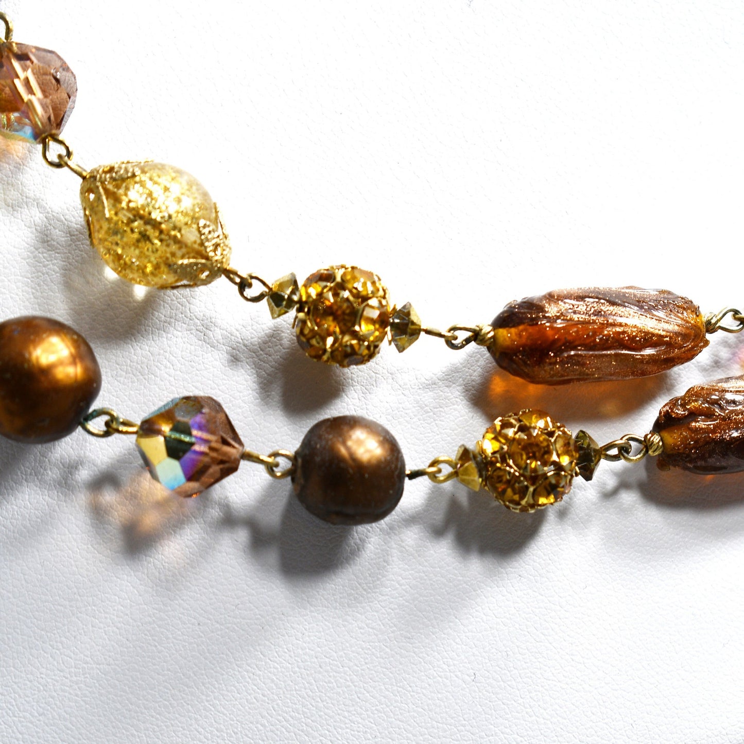 Vendome 1950s Two-Strand Topaz & Bronze Art Glass Necklace | AB Swarovski Crystals, Gold Filigree Beads, Signed Hook Clasp