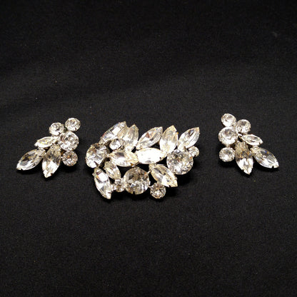 Regency Clear Rhinestone Brooch & Earrings, Rhodium Plated, 1950s Vintage Jewelry