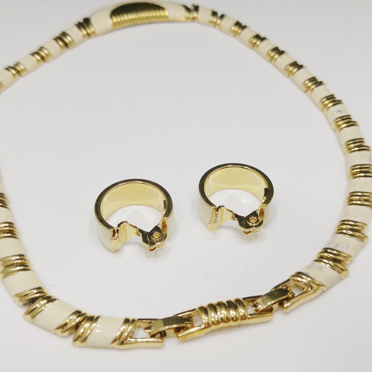 Monet Cream Enamel Gold Plated Necklace & Earrings, 1980s Vintage Jewelry