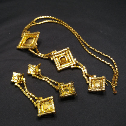 Topaz Glass Rhinestones Long Necklace Earrings, Rivoli Rhinestones, Gold Plated, 1960s Vintage Jewelry