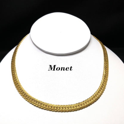 Monet Herringbone Choker Necklace, Gold Plated, 1970s Vintage Jewelry