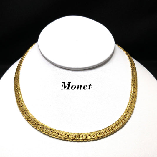 Monet Herringbone Choker Necklace, Gold Plated, 1970s Vintage Jewelry