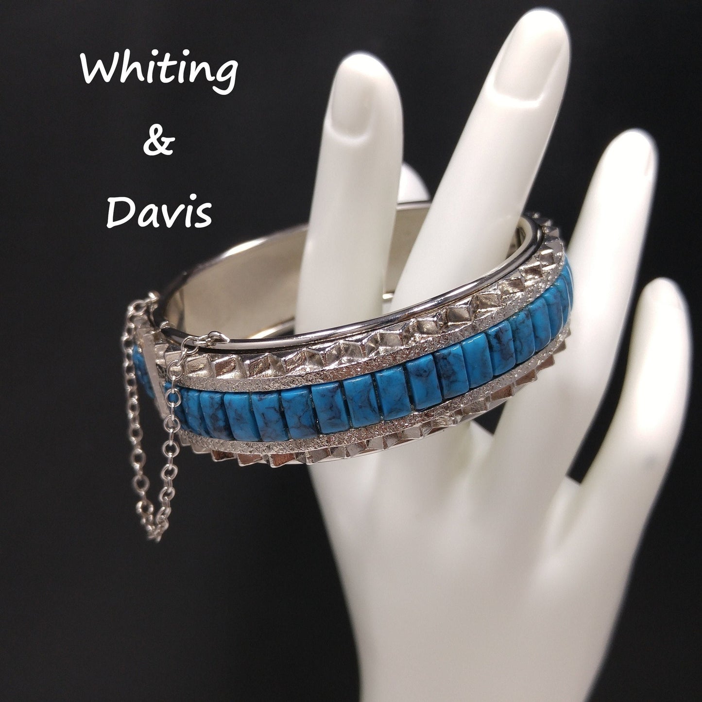 Whiting & Davis Faux Turquoise Hinged Bracelet, Silver Tone, 1970s Vintage Jewelry