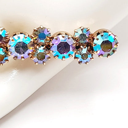 Vintage Aurora Borealis Rhinestone Bar Pin, Gold Plated Backing, Prong Set, 3 1/2 Inch