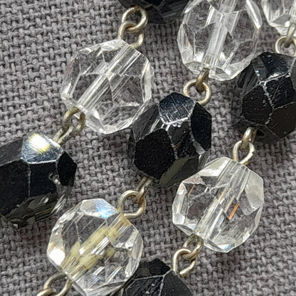 Vintage Art Deco Black and Clear Crystal Necklace – 1920s Wire Wrapped Flapper Beads – 53 Inches