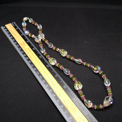 Vendome Crystal Necklace – 1960s Vintage Jewelry with Pear Shaped Swarovski Beads, Pink & Green Accents, 22 Inch Strand