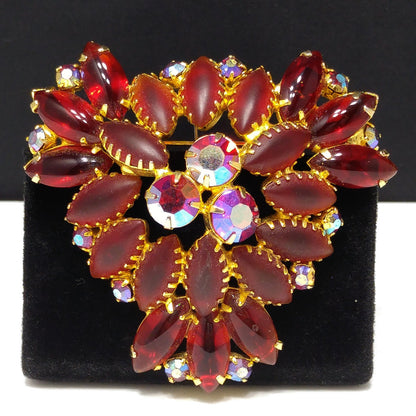 Red Art Glass & Rhinestone Brooch, Gold Plated, Juliana Style, 1960s Vintage Jewelry