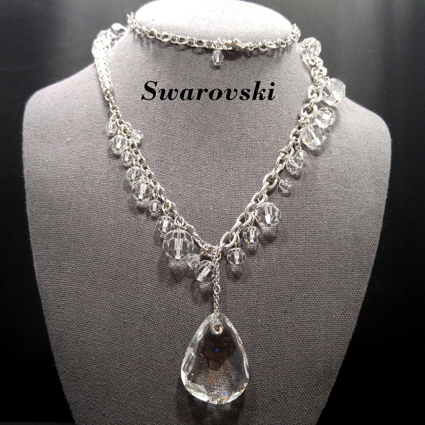 Vintage Swarovski Swan Logo Long Crystal Necklace Teardrop Pendant 1990s