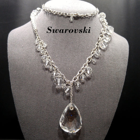 Vintage Swarovski Swan Logo Long Crystal Necklace Teardrop Pendant 1990s