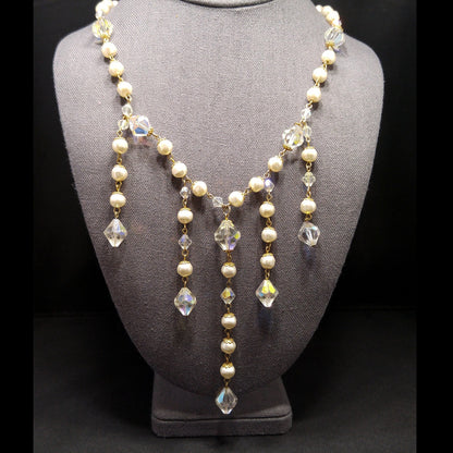 Vintage Crystal Faux Pearl Dangle Necklace, Large Aurora Borealis Crystal Beads, Vintage Jewelry
